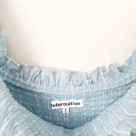 Reformation Arianna Stripe Off Shoulder Smocked Midi Dress S Baby Blue Romantic - Picture 8 of 9